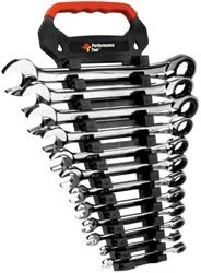 Wrench Performance Tool W30641 Ratcheting Combination, 1/4"/ 5/16"/ 3/8"/ 7/16"/ 1/2"/ 9/16"/ 5/8"/ 11/16"/ 3/4"/ 13/16"/ 7/8"/ 1", 5 Degree Closed Head Angle, 72 Ratchet Teeth, Chrome Plated, Chrome Vanadium Steel